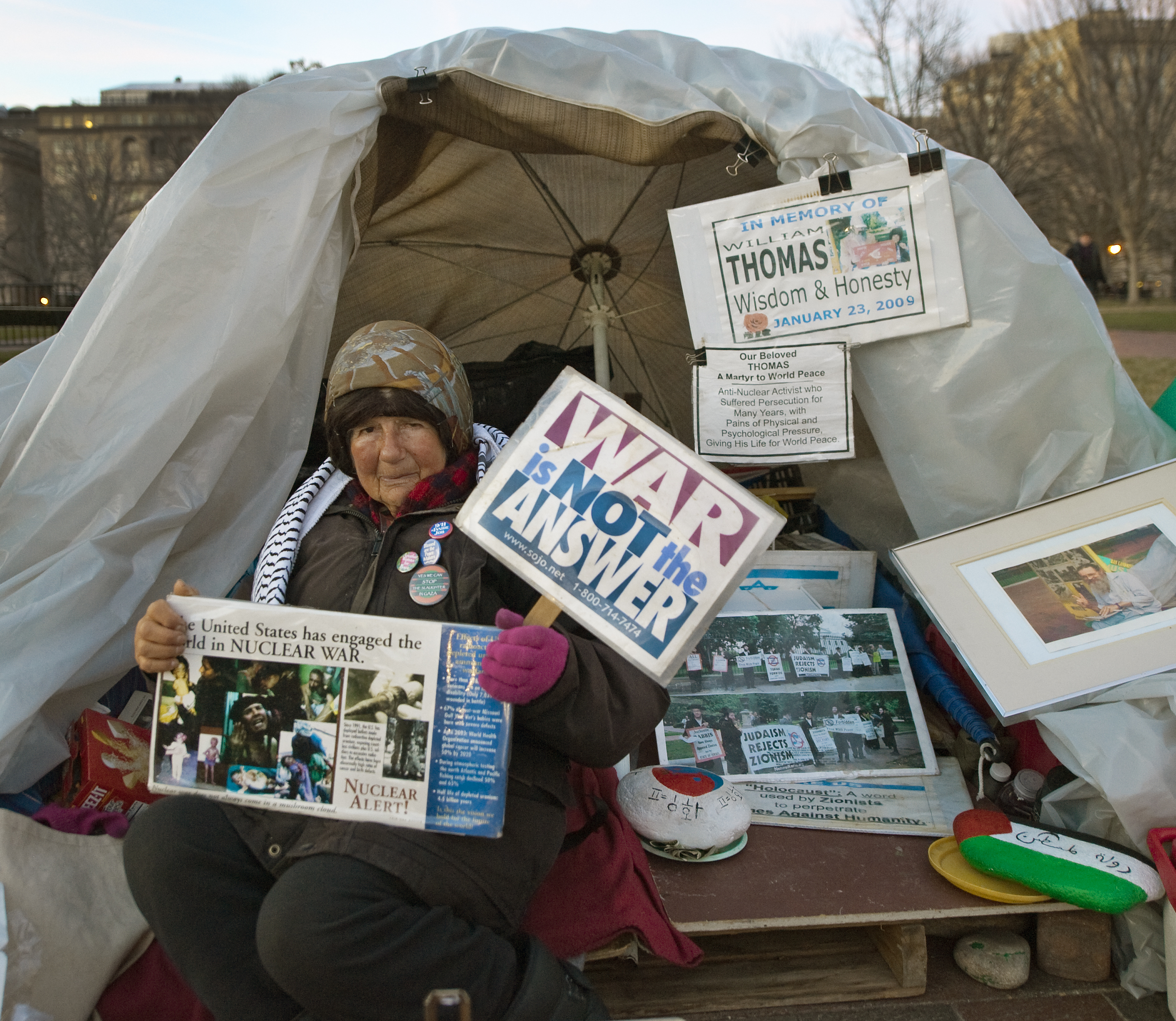 Concepcion Picciotto, also known as Conchita or Connie, is seen at her daily protest in front of the White House on March 5, 2010 in Washington, DC. Picciotto lived in the small camp on Lafayette Square directly opposite the presidential mansion since August 1, 1981 in protest of nuclear arms.